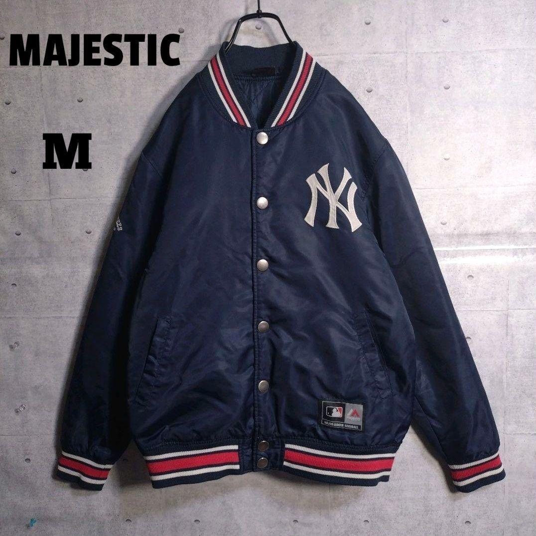 MLB★マジェスティック ヤンキース 刺繍 ロゴ 中綿 スタジャン 紺 M