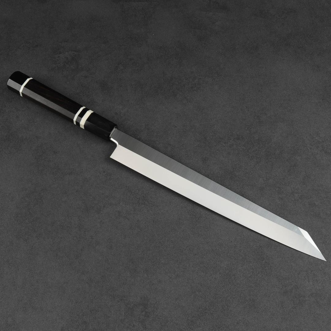 6765 切付柳刃包丁 尺 刺身包丁 和包丁 料理包丁黒檀黒水牛角白三本巻八角柄