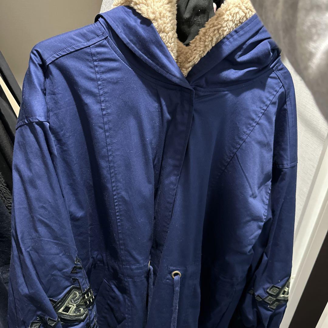 ネイビー ボアフード付きモッズコート