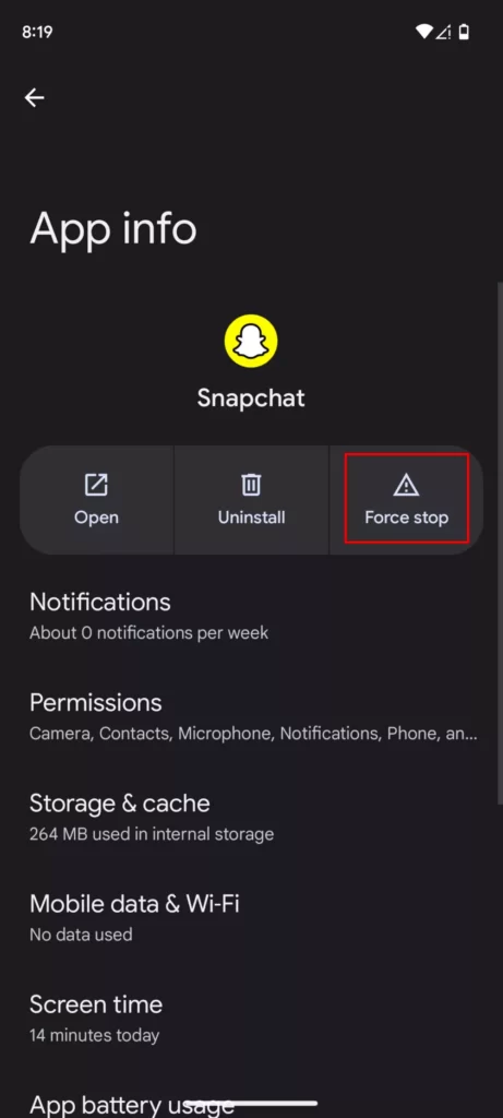 force stop the snapchat app